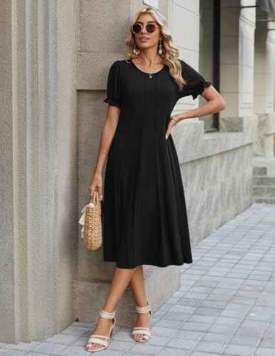 Zeagoo Womens Summer Dress Casual Midi Dresses 2026 Short Puff Sleeve Flare Dress Pleated Flowy Sundress with Pockets