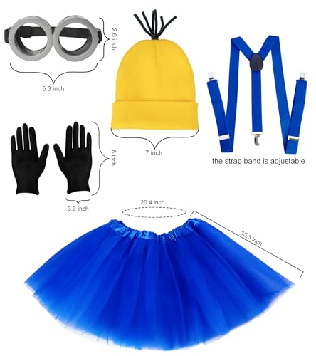 WISHTEN Halloween Costume for Adult Women,Goggles/Yellow Beanie/Blue Dress/Suspenders/Gloves Halloween Costume Accessories