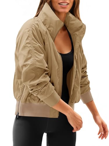 Fisoew Womens Windbreaker Crop Jackets Long Sleeve Zip Up Hidden Hooded Winter Bomber Jacket with Pockets
