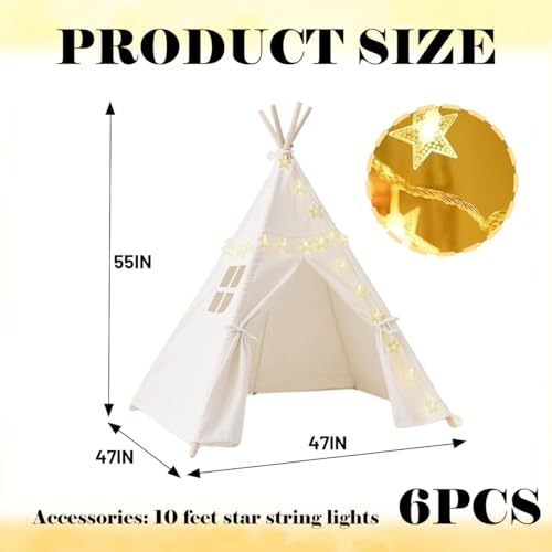 Quaocens 6 Pack Teepee Tent for Kids,Collapsible Kids Teepee Tent with 10 Ft String Lights,White Kid Teepee Boys Girls Ind...