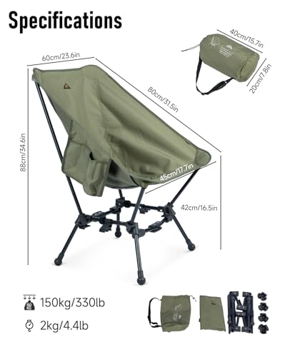 iClimb Two-Heights Light Compact Comfortable Camping Folding Beach Chair with Anti-Sinking Large Feet and Carry Bag