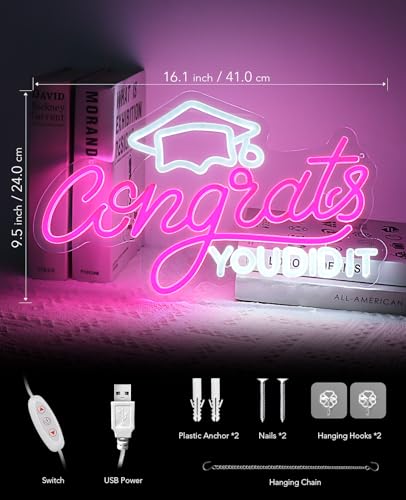 AceList Congrats Grad Neon Sign, LED lights for Backdrop Graduation Party Wall Decor Dimmable Prom Congratulations Neon Si...