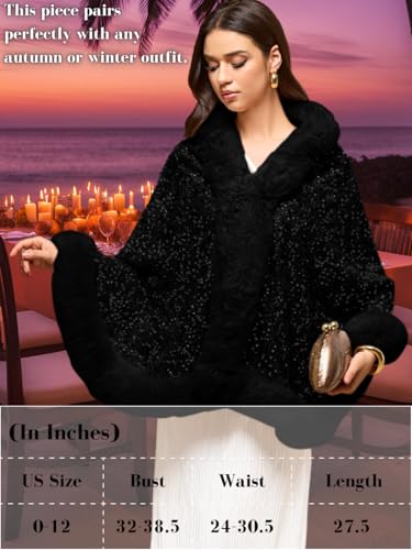 EHSUYAB Women's Sequin Faux Fur Shawl Wrap, Winter Bridal Wedding, Luxury Elegant Velvet Fur Coat Jackets Cape Evening Party