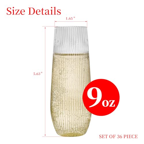 HOMIP 36pcs Clear Plastic Champagne Flutes - 9oz Disposable Champagne Flutes Stemless Toasting Glasses, Ribbed Ripple Desi...
