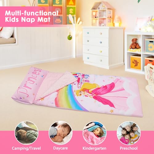 Kids Sleeping Bag Toddler Nap Mat with Removable Pillow, Large Foldable Sleeping Bag for Girls Boys, Easy Clean Slumber Ba...