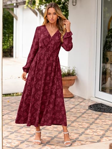 Simplee Womens Boho Floral Long Sleeve Maxi Dress V Neck Empire Waist Fall Wedding Guest Dresses with Pockets