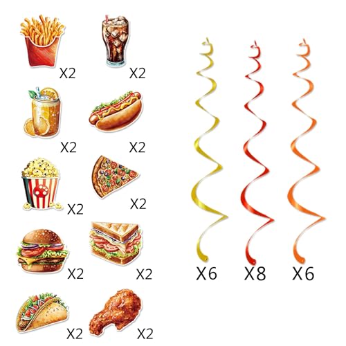 40 Pcs Fast Food Hanging Swirls Includes 20 Pcs Fast Food Hanging Cards, 20 Pcs Single Hanging Swirls for Hamburger Party ...