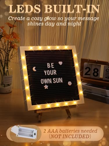 Changeable Felt Letter Board with LED Lights - 10×10" Message Custom Signs & Wood Stand & 450 Letters, Poster Board for Va...