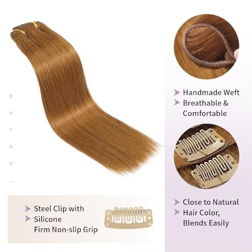 Remy Hair Extensions clip ins Hair Etensions for Women #30 Light Ginger Brown Double Weft Natural Hair Extensions Straight 8Pcs Soft and Thick 20inch 100g