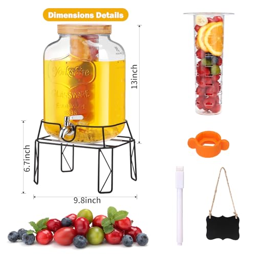 2 Gallon Drink Dispensers with Stand, Glass Beverage Dispenser with Stainless Steel Spigot and Bamboo Lid,Lemonade Dispens...