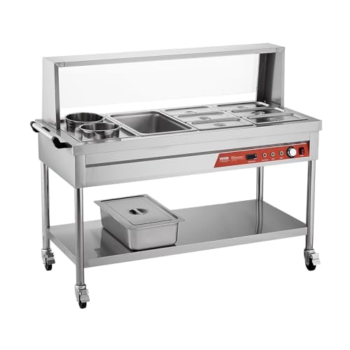 VEVOR Commercial Food Warmer, 7 Pans + 2 Pots Electric Steam Table, 1800W Professional Buffet Catering Food Warmer with Shield Undershelf Wheels, Stainless Steel Server for Party Restaurant Hotel