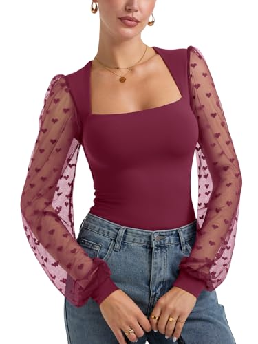 PINKMSTYLE Women's Square Neck Double Lined Mesh Long Sleeve Bodysuits Slim fit Trendy Going Out Tops Shirts