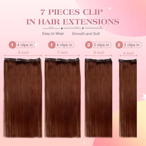 Royaomis Clip in Hair Extensions Real Human Hair, 16inch 120g 7pcs Human Hair Clip in Extensions for Women, Remy Red Hair Extensions Clip Ins, Soft & Natural Human Hair Extensions£¨16-#M30_33£©