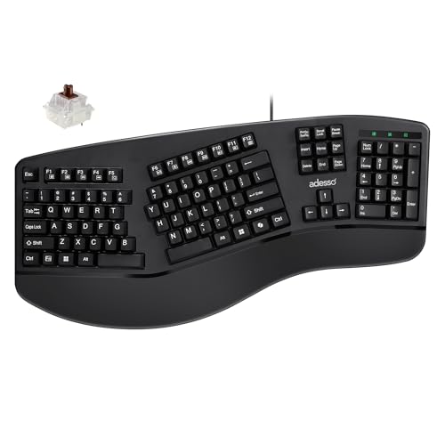 ADESSO EasyTouch 150 Ergonomic Wired Mechanical Keyboard with Cherry MX Brown Switches, Integrated Palm Rest, Dedicated Co...