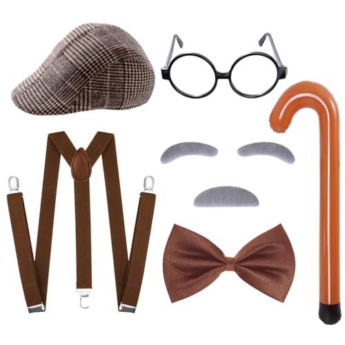 7 PCS 100 Day of School Costume Old Man Costume Grandpa Costume Accessories Set 1920s Old Man Costume Set with Hat