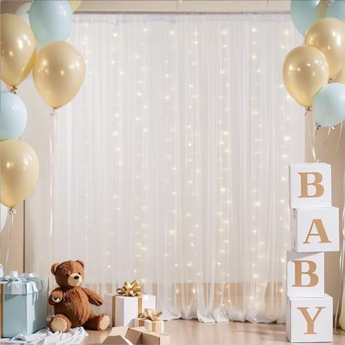 10×8ft White Tulle Curtain Backdrop with Lights String for Parites, Sheer Backdrop Curtain Drapes for Wedding Photo Baby S...