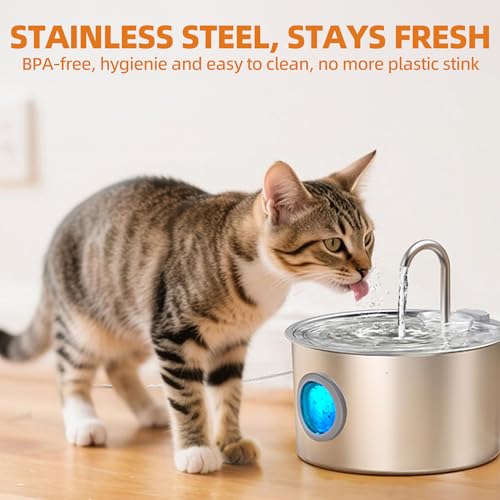 108oz/3.2L Stainless Steel Cat Water Fountain with Detachable Tank, Easy to Clean & Assemble, Pet Drinking Dispenser with ...