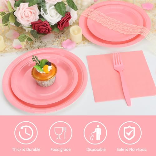 CENLBJ Pink Paper Plates and Napkins, Disposable Party Supplies, 50 of Each 9’’ Pink Plate, 7’’ Dessert Plates Napkins Cup...