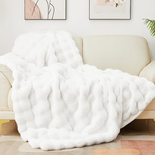 Latepis White Throw Blanket for Couch, Soft Faux Fur Bubble Blankets for Sofa Bedroom Living Room, Cozy Warm Fluffy Blanke...