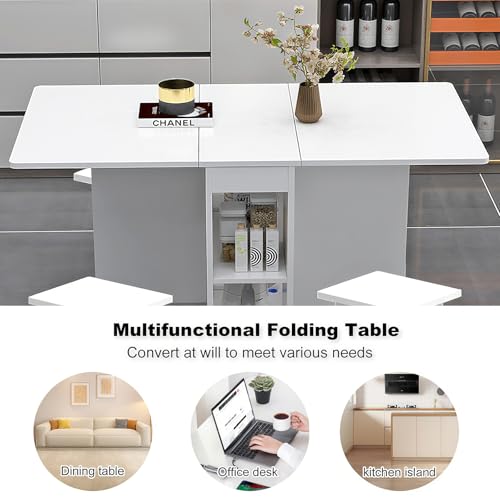 LUMISOL Folding Dining Table Set for 4, Drop Leaf Kitchen Table Set with 4 Chairs, Storage and 6 Wheels, Space Saving Dini...