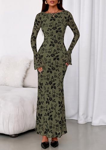 PRETTYGARDEN Women's Floral Bodycon Maxi Dress 2026 Spring Elegant Mesh Long Sleeve Formal Wedding Guest Cocktail Dresses