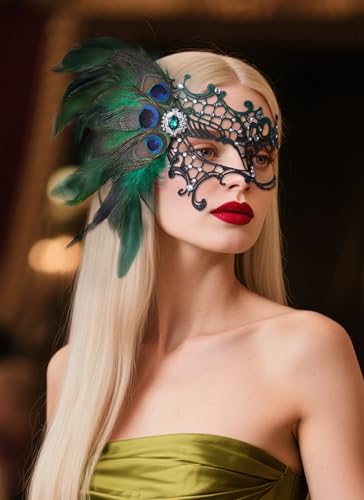 Zinniday Halloween Masquerade Masks for Women - 2026 Peacock Feather Lace Mask 1920s Venetian Eyemask for Party