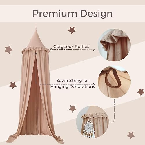 Wonder Space Kids Bed Canopy with Ruffles, Pastel Neutral Color for Boys & Girls, Frilled Cotton Tent Nursery Room Baby Cr...