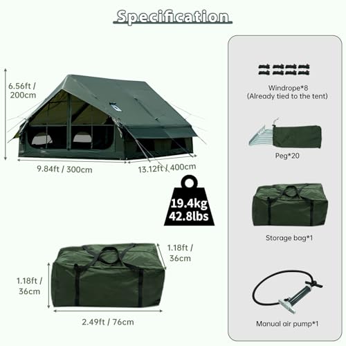 WaldZimmer Inflatable Camping Tent with Hand Pump Waterproof Outdoor Blow up Tent Oxford 4 Season Air Tent Cabin House wit...