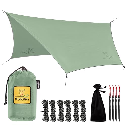 Wise Owl Outfitters Hammock Rain Fly – Waterproof Camping Tarp Cover with Tent Stakes & Carry Bag, Ultralight Shelter for ...