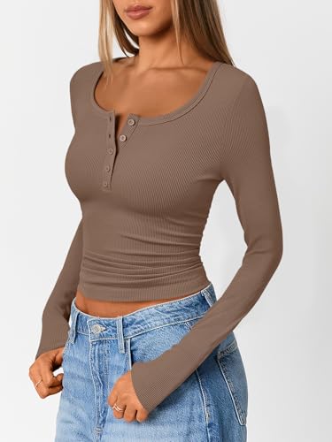 Trendy Queen Long Sleeve Shirts for Women Henley Ribbed Fall Tops Dressy Business Casual Teen Girl Winter Cute Basic Tees