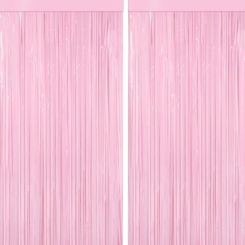 4 Packs Pastel Pink Foil Fringe Curtain, Baby Pink Metallic Tinsel Backdrop for Birthday, Wedding, Baby Shower, Princess B...