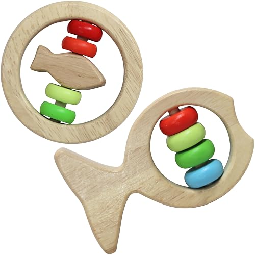 Adventure Awaits! Wooden Fish Colorful Bead Rattle Set, Baby Teething Toy 2 Pack, Educational Toy for Toddlers & Preschool...