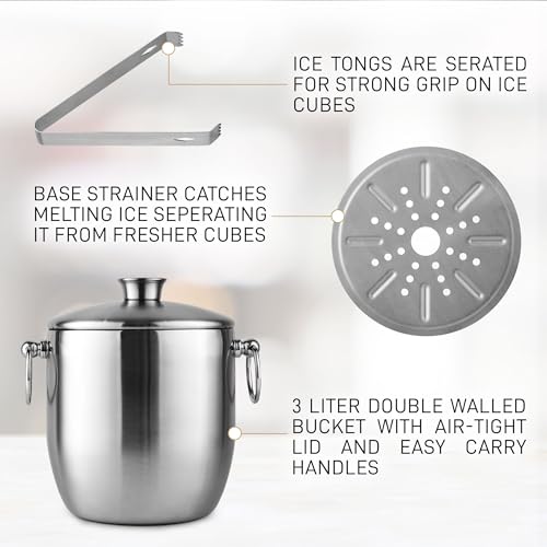 Zulay Kitchen Premium Stainless Steel Double-Wall Insulated Ice Bucket Kit – 3L, Leak-Proof, Stylish Drink Cooler for Part...
