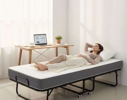 Omelaza Foldable Bed with 5" Memory Foam Mattress, 75 x 31 Inch Portable Guest Bed - Steel Frame, Wheels for Adults, Campi...