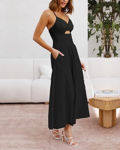 BTFBM Women 2026 Spaghetti Strap Midi Summer Dresses Sleeveless V Neck Cutout Slit Casual Beach Party Maxi Dress Pockets