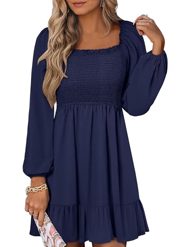 ANRABESS Womens Long Lantern Sleeve Square Neck Dress Smocked Tiered High Waist Ruffle Flowy Swing 2026 Spring Short Dresses