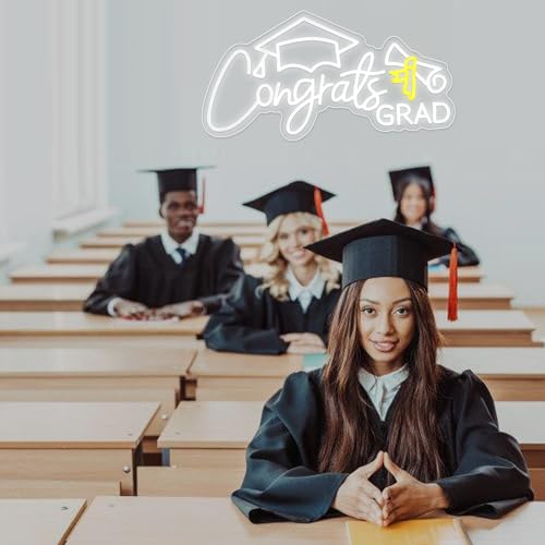 Congrats Grad Neon Sign Congrats Neon Lights Signs for Wall Decor with Dimmable Backdrop LED Light Up Signs for Party, Pho...