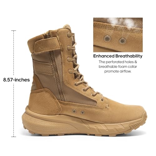 NORTIV 8 Men's Breathable Tactical Military Work Boots Side Zipper Leather Lightweight Hiking Motorcycle Combat Boots 8 In...