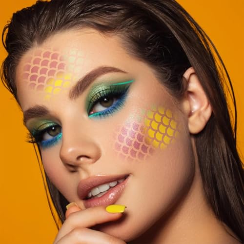 Mermaid Scale Stencil Kit,11Pcs Reusable Mermaid Face Makeup Templates and 4 Pcs Makeup Brushes 2 Bottles Glitter, Women G...