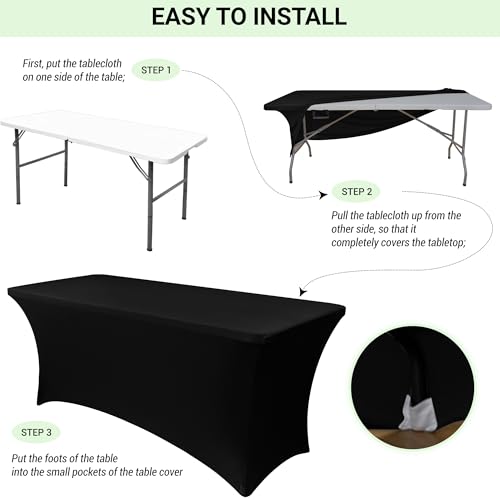 Obstal 6ft Stretch Black Spandex Table Cloth for Standard Folding Tables - 2 Pack Universal Rectangular Fitted Tablecloth ...