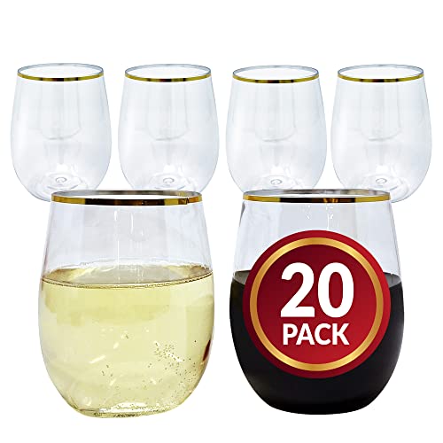 Reli. 12oz. Disposable Wine Glasses Gold-Rim (20 Pack) Stemless Crystal Clear | Reusable & Recyclable BPA-Free Food-Grade ...