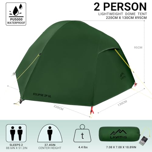 Lavitis 2 Person Lightweight Backpacking Tent,Ultralight Portable 20D Waterproof Nylon Tent for Camping，4.4LB 3 Season Bac...
