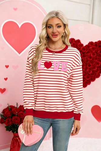 KIDDAD Valentine Sweatshirts for Women Love Heart Print Sweater Valentines Sequins Shirt Embroidered Striped Pullover