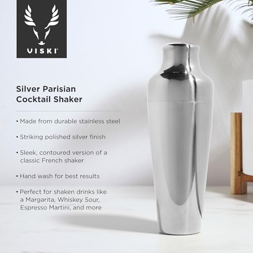 Viski Parisian Cocktail Shaker for Cold Brew Cocktails, Margarita, Espresso Martini, Contoured High Shine Polished Stainle...