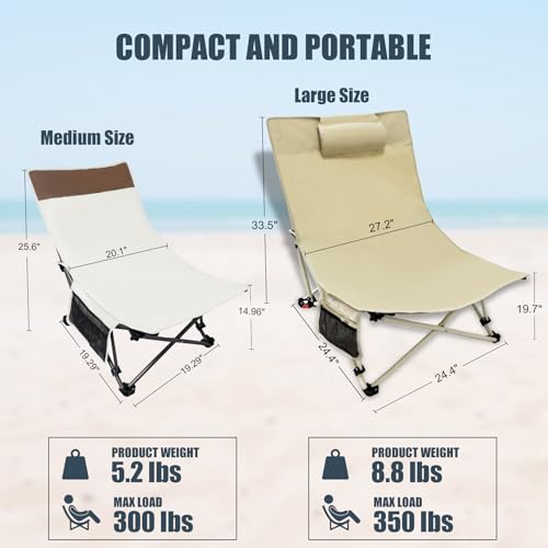 Compact Backpack Camping Chairs 2 Pack with Adjustable Backrest & Side Pocket, Low Folding Chairs for Adults, Portable Rec...