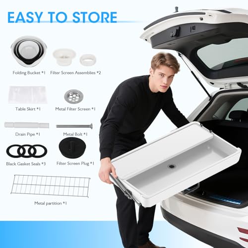 HLPB 4 FT Party Ice Cooler Folding Table with Folding Board, Outdoor ice Table with Skirt & Drain & Folded Buckets & Barbe...