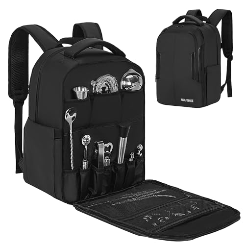 OUUTMEE Bartender Bag, Bartender Kit Travel Backpack for Cocktail Shaker Set, Portable Carrying Bag with Compartments for ...