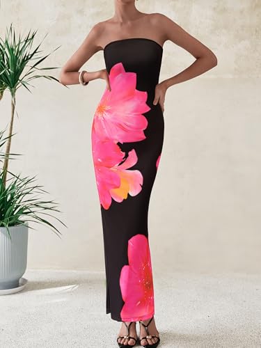 PRETTYGARDEN Women Summer Strapless Maxi Dress Bodycon Floral Sexy Long Wedding Guest Dress Formal Tube Mesh Cocktail Dresses