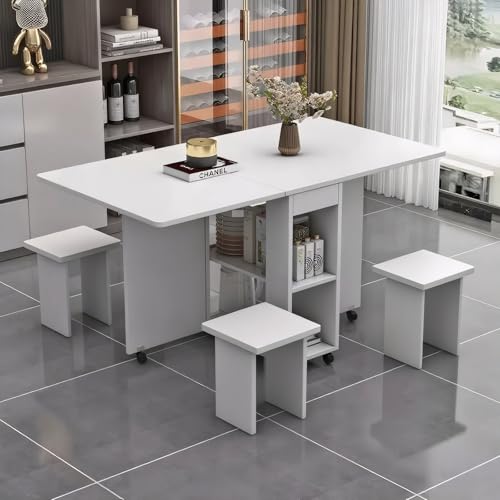 LUMISOL Folding Dining Table Set for 4, Drop Leaf Kitchen Table Set with 4 Chairs, Storage and 6 Wheels, Space Saving Dini...