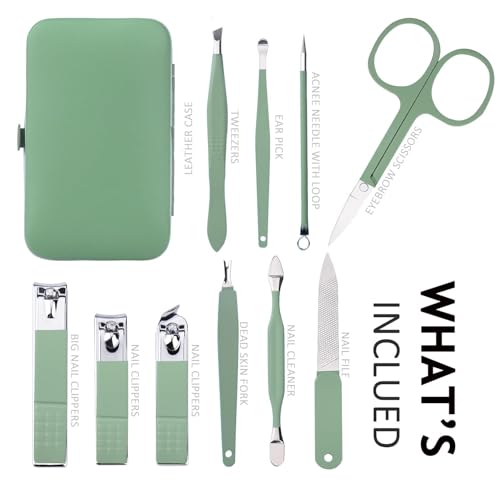 HANTEKAS Manicure Set 10 in 1 Stainless Steel, Nail Clippers Scissors Pedicure Tools Kit - Portable Travel Grooming Kit fo...